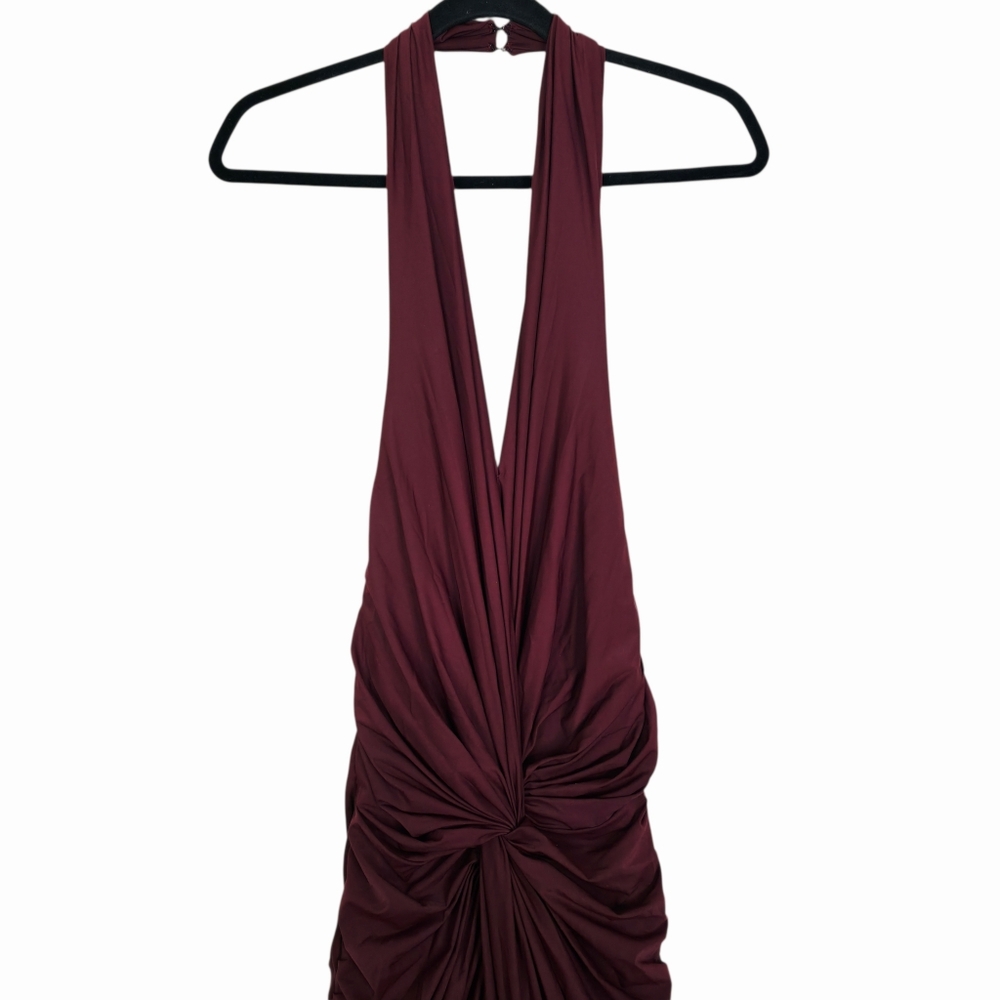 Deme by Gabriella Chloe Maxi Dress Burgundy Red Ruched Jersey Halter NWT Size M - Picture 5 of 11